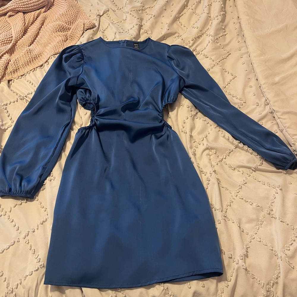 SHEIN Blue Asymmetrical Bishop Sleeve Cocktail Dress